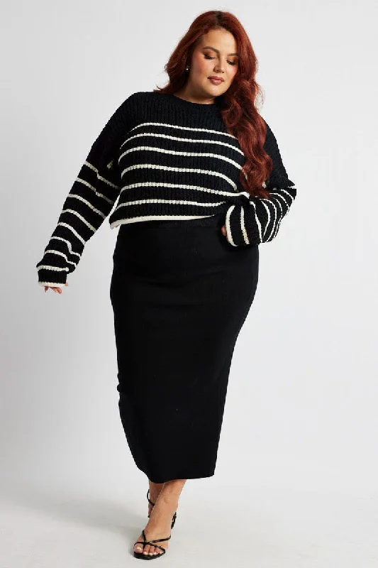 Black Knit Midi Skirt wool skirt thick