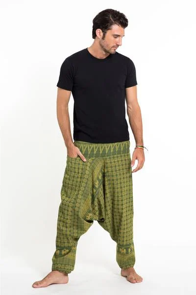 Unisex Hill Tribe Elephants Harem Pants in Green Fashionable Jogger Pants