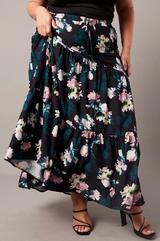 Black Floral Maxi Skirt Elastic Waist Tiered corduroy skirt cozy
