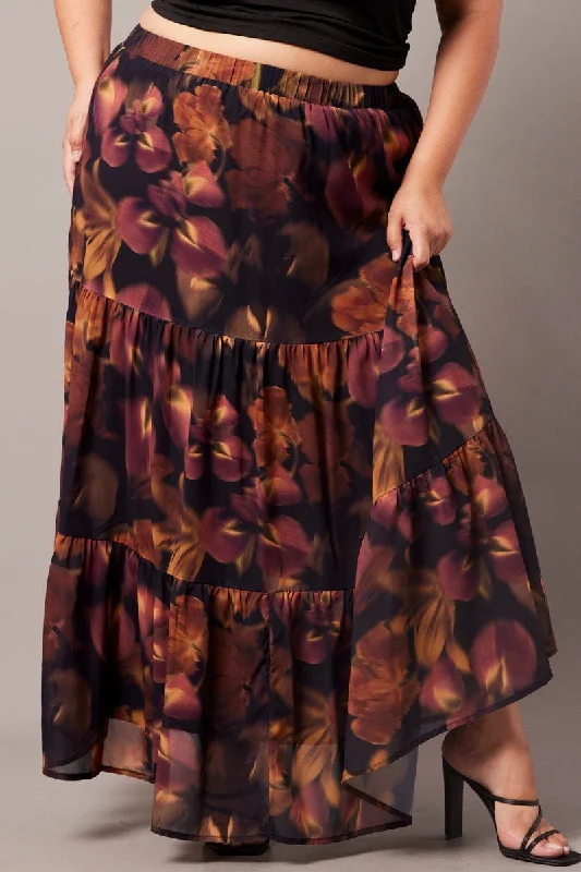 Black Floral Chiffon Elastic Waist Maxi Skirt high slit skirt