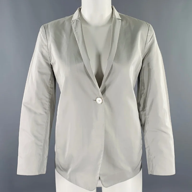 JIL SANDER Size 8 Grey Polyester Silk Single Button Jacket Stand-Up Collar Roll-Neck Collar Turtle Neck