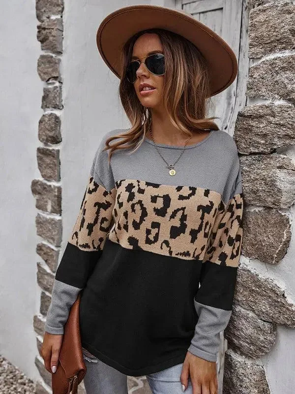 Wild Print Women Sweater Top Boat Neck Shawl Collar Notched Collar