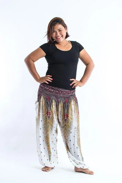Plus Size Unisex Peacock Feathers Harem Pants in White Chic Faux Leather Pants