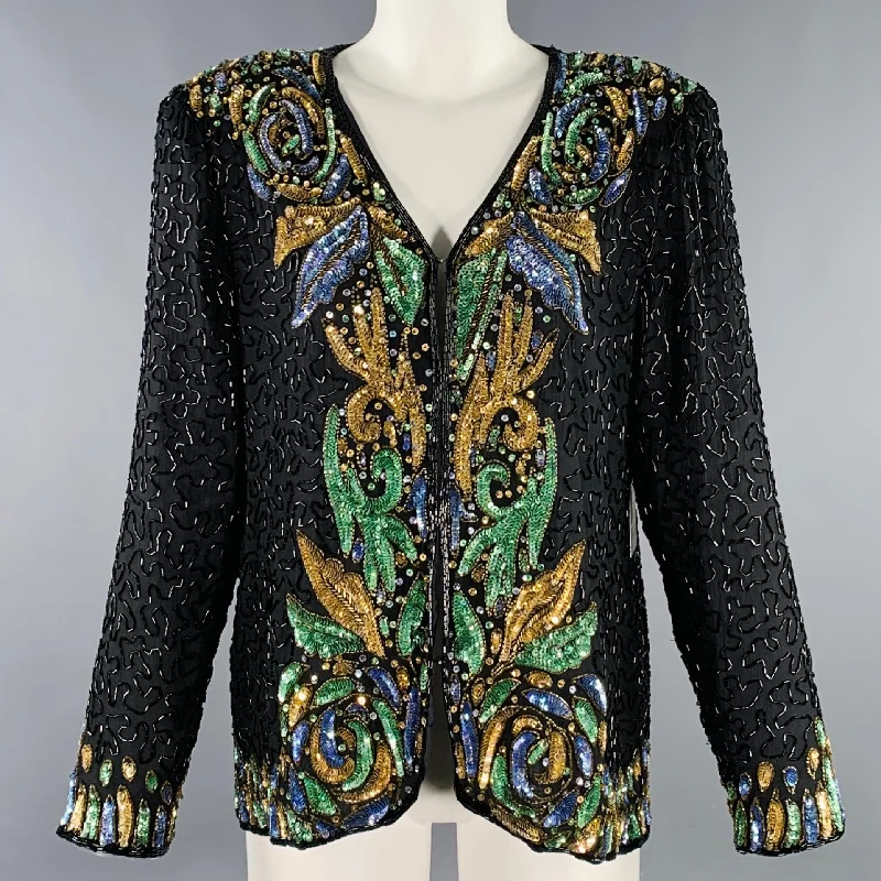 ZENITH FASHIONS Size M Black Multi Color Silk Sequined Jacket Blazer Satin Jacket Silk Jacket Chiffon Jacket