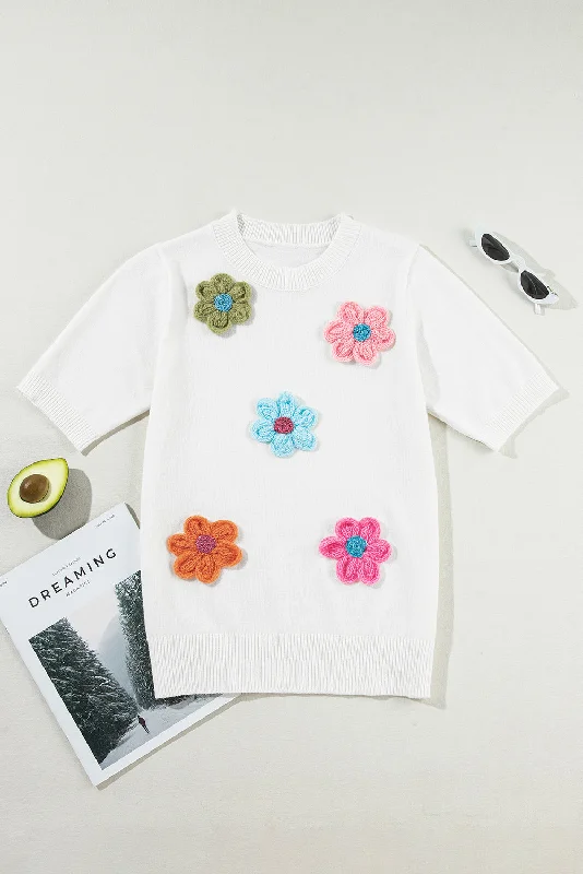 White Cute Flower Applique Short Sleeve Sweater Front Pockets Side Pockets Patch Pockets