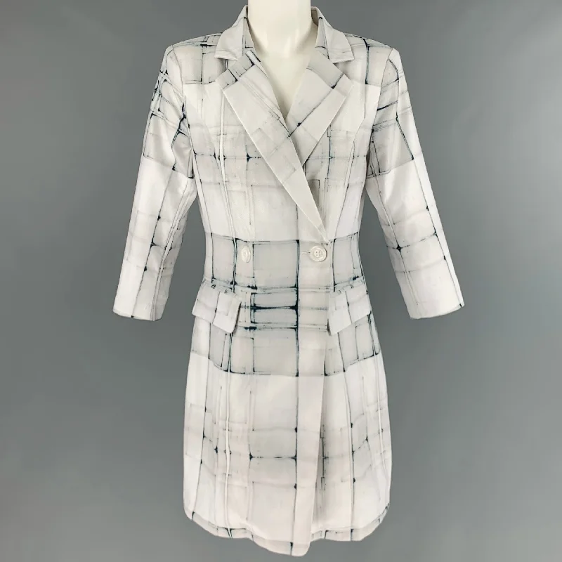 SIMON CHANG Size 6 White Grey Polyester Blend Squares Jacket Faux Fur Fabric Real Fur Fabric Shearling Fabric
