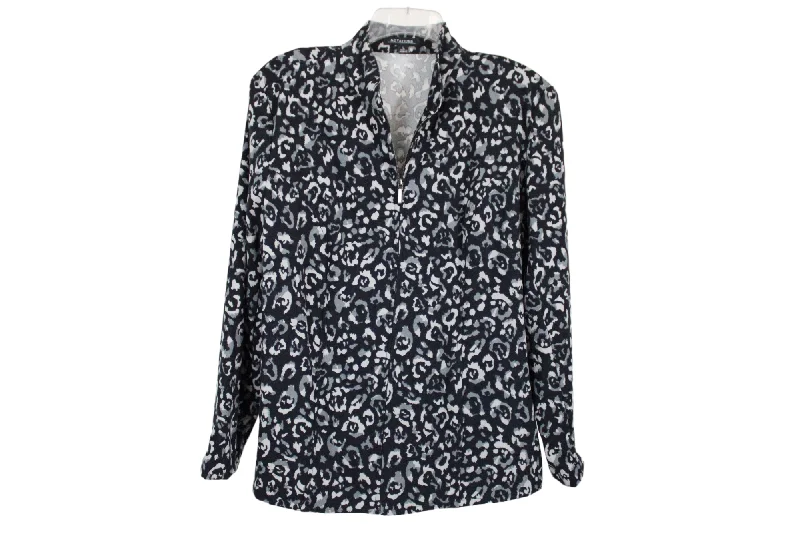 Notations Leopard Print Gray Black Zip Up Jacket | L Notch Collar Jacket Peter Pan Collar Jacket Cowl Neck Jacket