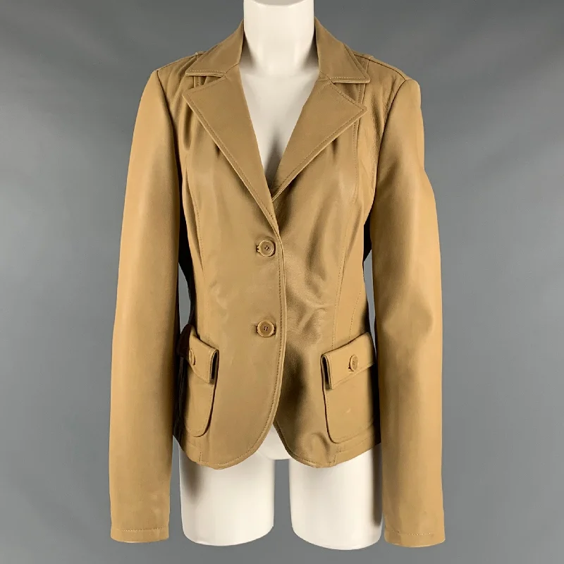 SANTINO Size 12 Khaki Leather Notch Lapel Jacket Front Pockets Side Pockets Patch Pockets