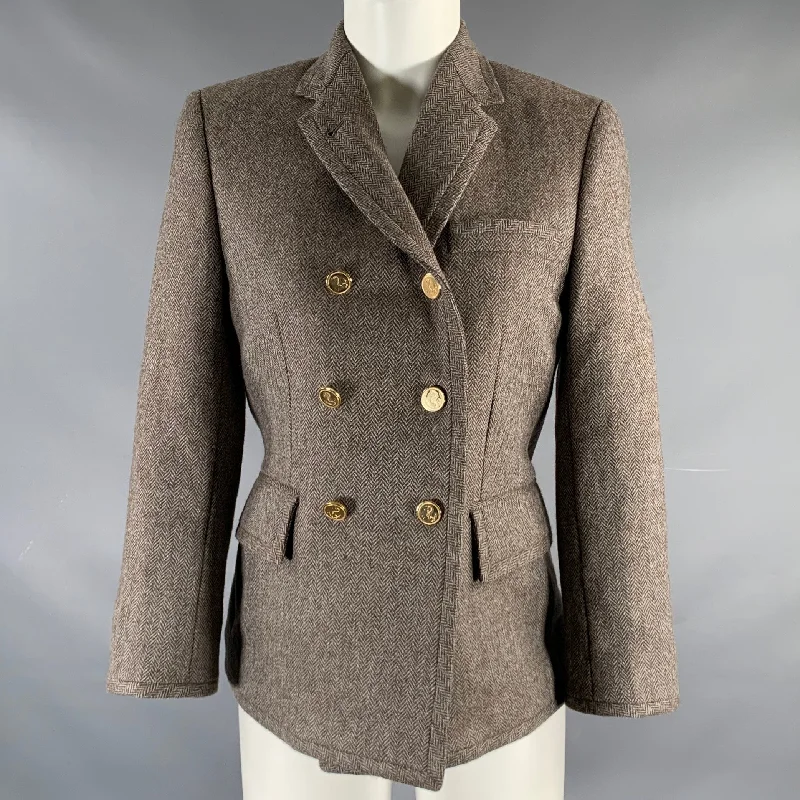 THOM BROWNE Size 2 Brown Olive Wool Herringbone Double Breasted Jacket Print Jacket Jacquard Jacket Embroidered Jacket