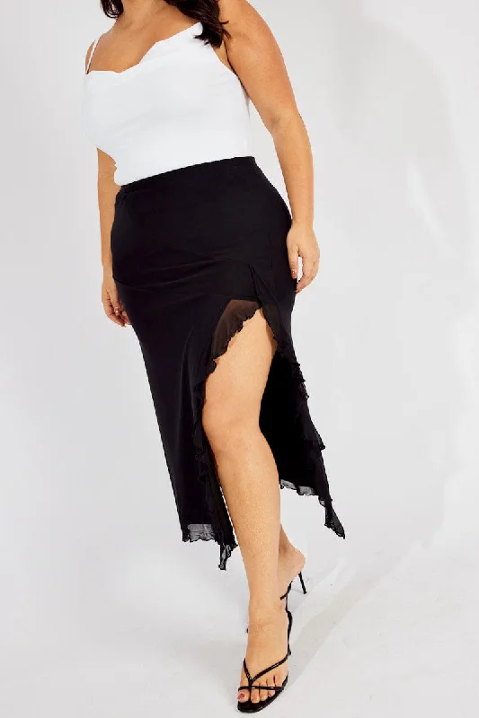 Black Mesh Frill Panel Skirt button skirt front