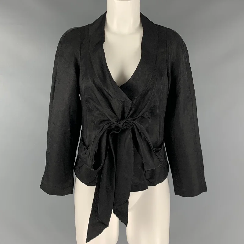 DONNA KARAN Size 8 Black Linen Viscose Tied Front Jacket  Blazer Anorak Shell Jacket Lightweight Jacket