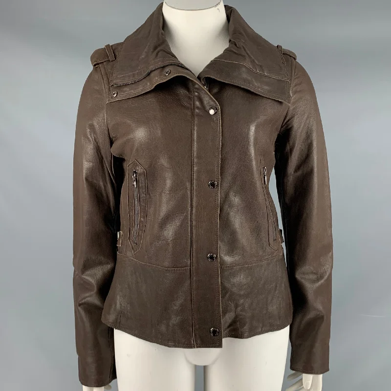 ANDREW MARC Size L Cocoa Brown Leather Zip Snaps Jacket Wool Jacket Cashmere Jacket Tweed Jacket
