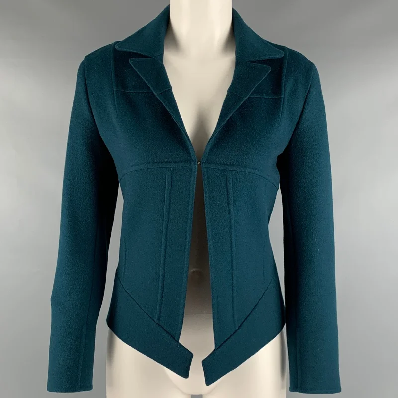 AKRIS Size 4 Blue Teal Cashmere Eye and Hook Jacket Blazer Wool Jacket Cashmere Jacket Tweed Jacket