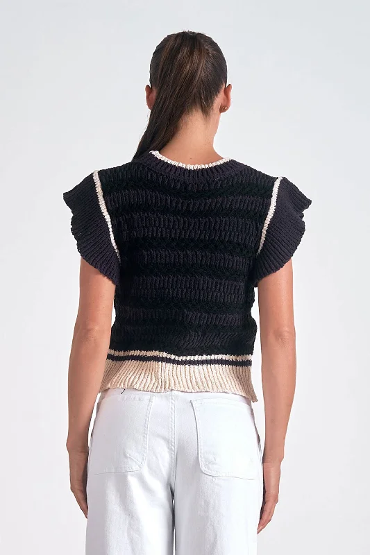 SWEATER CAP SLEEVE CREWNECK - BLACK BEIGE Nylon Fabric Polyester Fabric Spandex Fabric SWEATER CAP SLEEVE CREWNECK - BLACK BEIGE Nylon Fabric Polyester Fabric Spandex Fabric