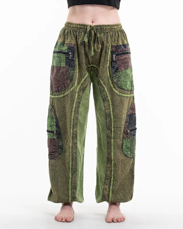 Unisex Patchwork Stone Washed Cargo Cotton Pants in Green 01 Comfortable Denim Trousers