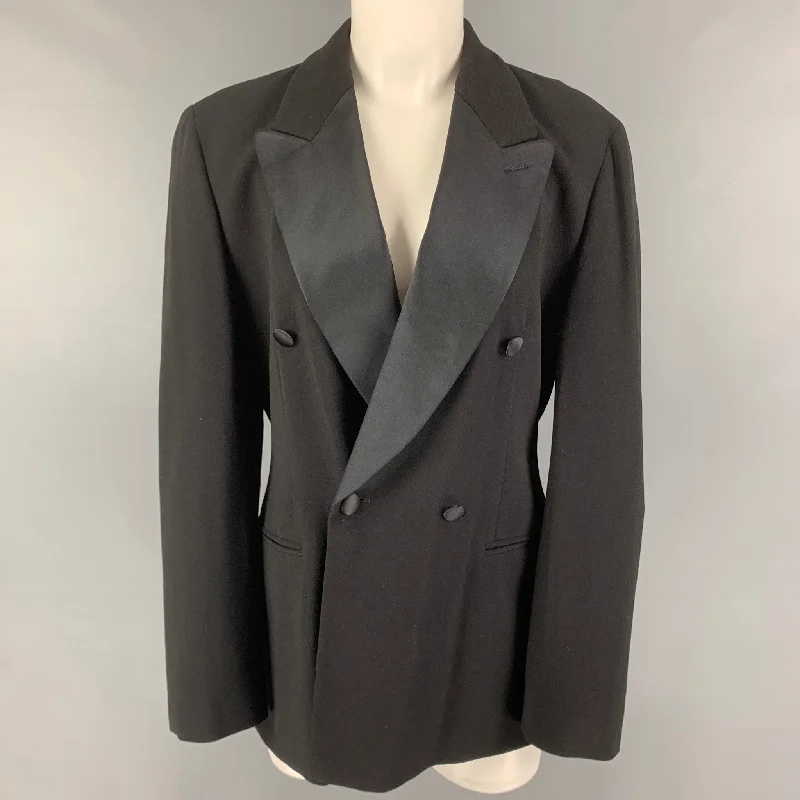 GIORGIO ARMANI Size L Black Wool Double Breasted Jacket Print Jacket Jacquard Jacket Embroidered Jacket GIORGIO ARMANI Size L Black Wool Double Breasted Jacket Print Jacket Jacquard Jacket Embroidered Jacket