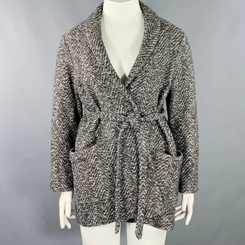BILLY REID Size L Grey Black Wool Cotton Herringbone Belted Jacket Welt Pockets Slit Pockets Flap Pockets BILLY REID Size L Grey Black Wool Cotton Herringbone Belted Jacket Welt Pockets Slit Pockets Flap Pockets