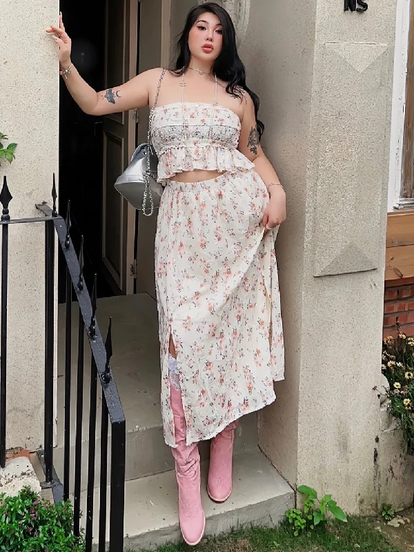 Annabelle Plus Size Floral Sleeveless Bandeau Tude Ruffle Top + Plus Size High Waist Side Slit Midi Skirt Matching Set linen skirt airy
