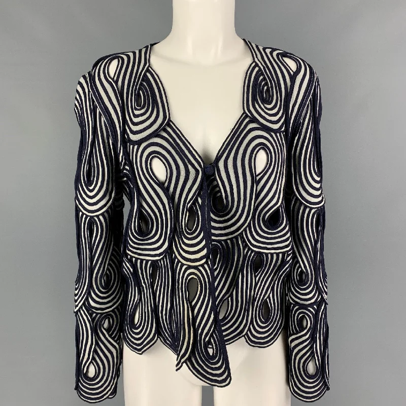 GIORGIO ARMANI Size 4 Purple White Viscose Polyamide Jacket Boat Neck Shawl Collar Notched Collar
