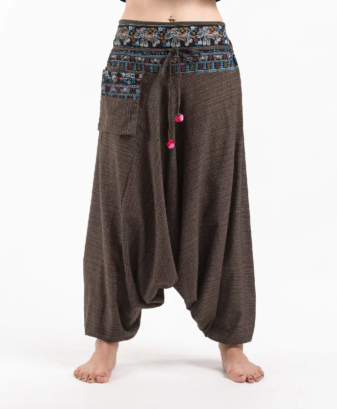 Unisex Pinstripe Harem Pants with Elephant Trim in Brown Casual Sweatpants Style