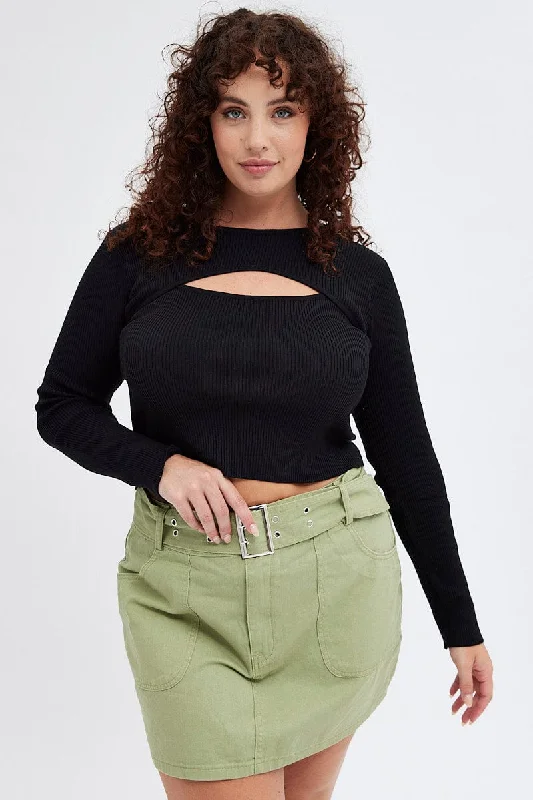Green Mini Skirt Cargo Belt Cotton Drill silk skirt smooth