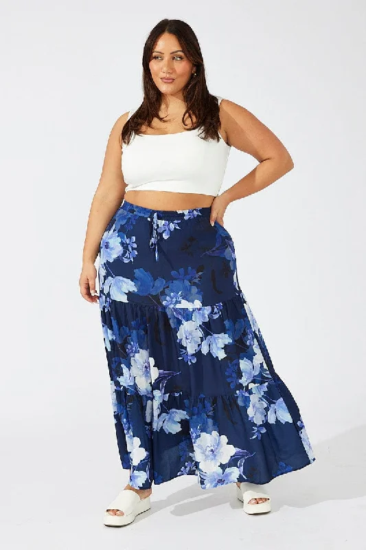 Blue Floral Maxi Skirt Elastic Waist vintage skirt charm