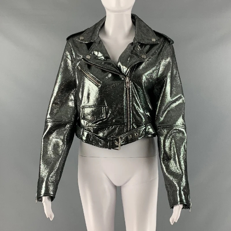 REBECCA MINKOFF Size S Silver Leather Metallic Biker Jacket One-Shoulder Jacket Off-the-Shoulder Jacket Asymmetrical Jacket
