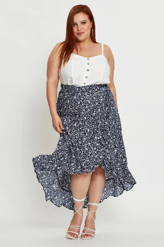 Floral Print Maxi Skirt High-low chiffon skirt lightweight