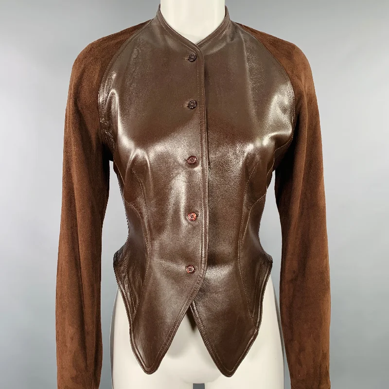 BYRON LARS Size S Brown Leather Two Tone Button Up Jacket Blazer Embroidered Jacket Appliqued Jacket Beaded Jacket