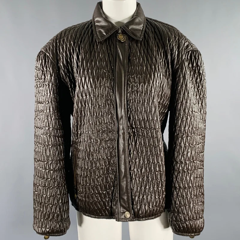 MOSCHINO JEANS Size 6 Brown Faux Leather Quilted Jacket Snapped Jacket Toggled Jacket Drawstring Jacket