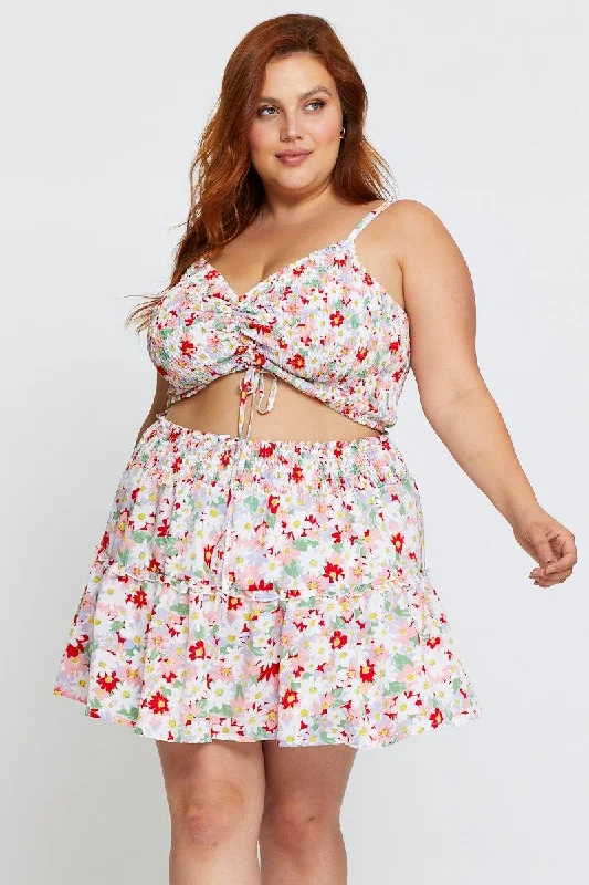 Floral Print Mini Skater Skirt Ruffle Hem wool skirt warm