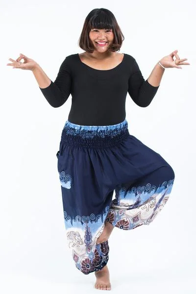 Plus Size Unisex Solid Top Elephants Harem Pants in Blue Trendy High-Waist Trousers