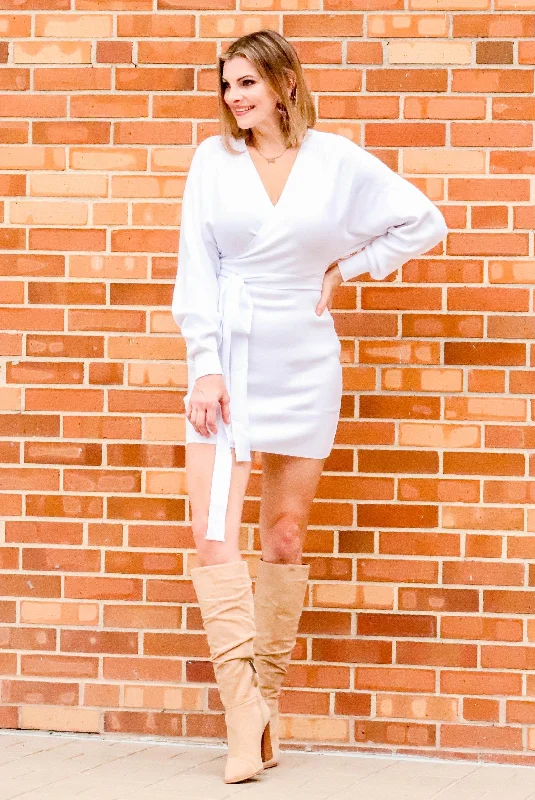 Faux Wrap Sweater Dress w/Belt Notch Collar Peter Pan Collar Cowl Neck
