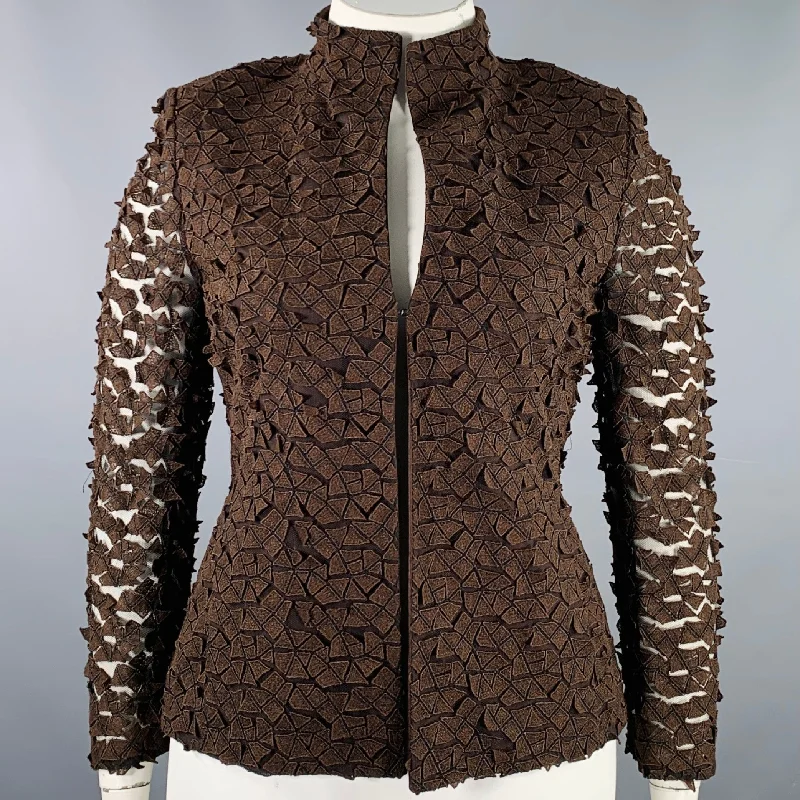 AKRIS Size 10 Brown Viscose Blend Embroidered Jacket Blazer Satin Fabric Silk Fabric Chiffon Fabric AKRIS Size 10 Brown Viscose Blend Embroidered Jacket Blazer Satin Fabric Silk Fabric Chiffon Fabric
