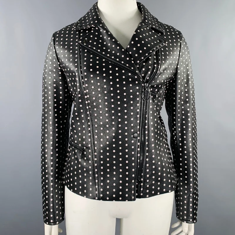 AKRIS Size 14 Black White Leather Polka Dot Lambskin Biker Jacket Zippered Jacket Buttoned Jacket Snapped Jacket