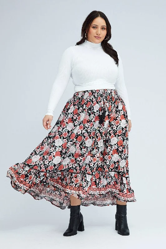 Boho Print Elastic Waist Frill Hem Midi Skirt leather skirt sleek
