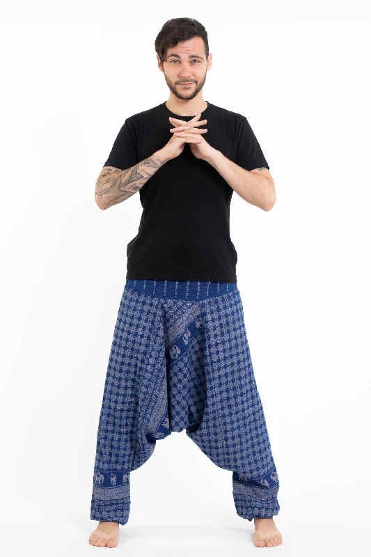 Unisex Hill Tribe Elephants Harem Pants in Blue Soft Cotton Pants