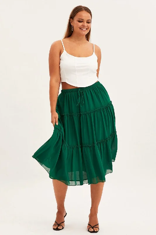 Green Midi Skirt Elastic Waist Chiffon Frill tulle skirt dreamy