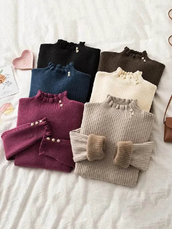 Winter Ruffled Mock Neck Sweaters Embroidered Appliqued Beaded
