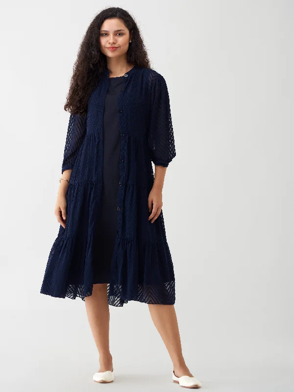 Navy Blue Crepe Chiffon Swiss Dot Boat Neck Tunic Top with Jacket Rayon Fabric Velvet Fabric Corduroy Fabric