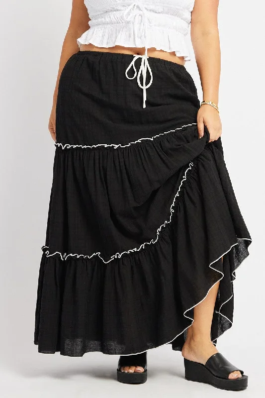 Black Tier Contrast Tie Maxi Skirt corduroy skirt comfortable
