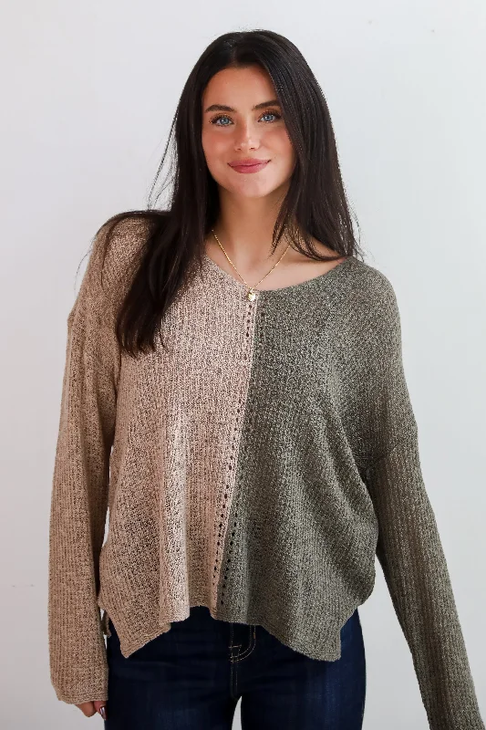 FINAL SALE - Sweetest Attitude Olive Color Block Lightweight Knit Sweater Satin Blend Silk Blend Wool Blend