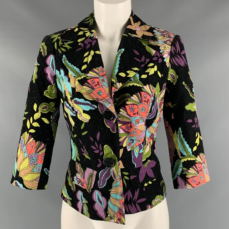 TRINA TURK Size 2 Black Multicolour Cotton 3/4 Sleeves Jacket Wool Fabric Cashmere Fabric Tweed Fabric