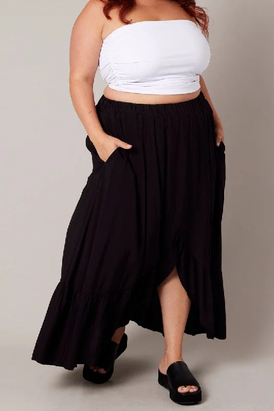 Black Frill Maxi Skirt With Pockets denim skirt stylish