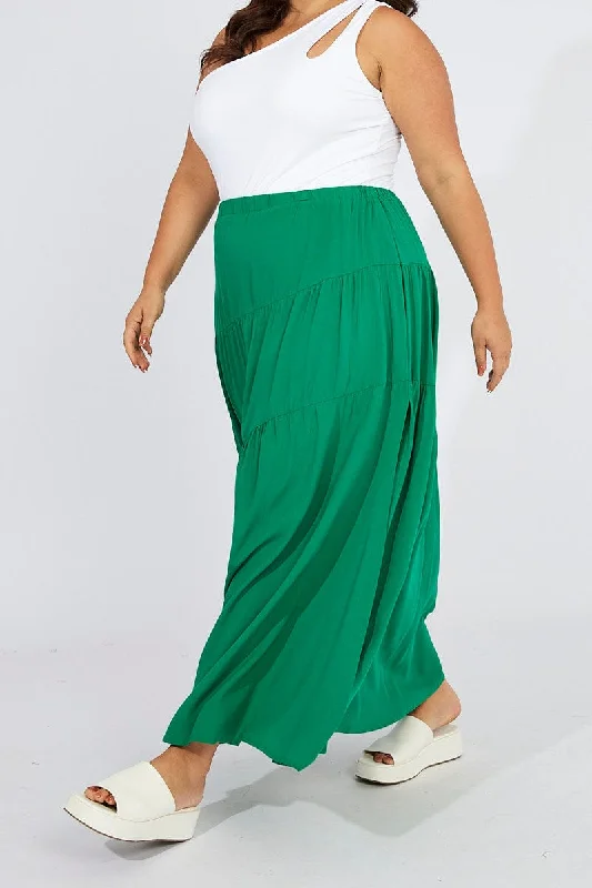 Green Elastic Waist Maxi Skirt Front Split elastic waist skirt