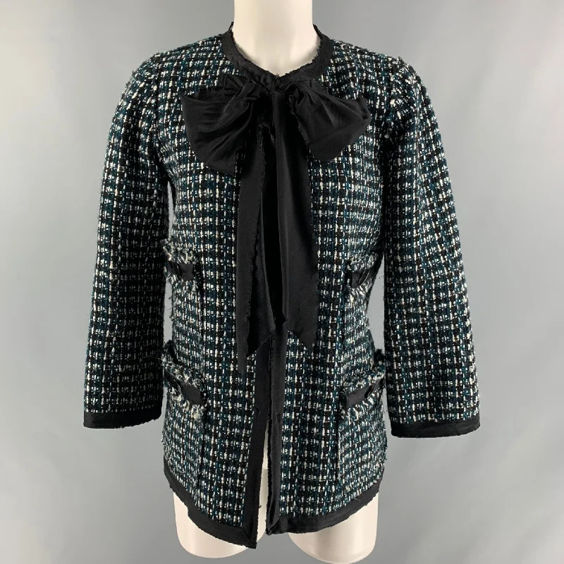 MARC JACOBS Size 2 Green Black White Boucle Textured Jacket Blazer One-Shoulder Jacket Off-the-Shoulder Jacket Asymmetrical Jacket
