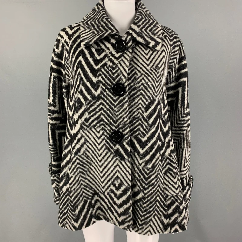CINZIA ROCCA Size 8 Black Grey Angora Blend Zig Zag A-Line Jacket Welt Pockets Slit Pockets Flap Pockets CINZIA ROCCA Size 8 Black Grey Angora Blend Zig Zag A-Line Jacket Welt Pockets Slit Pockets Flap Pockets