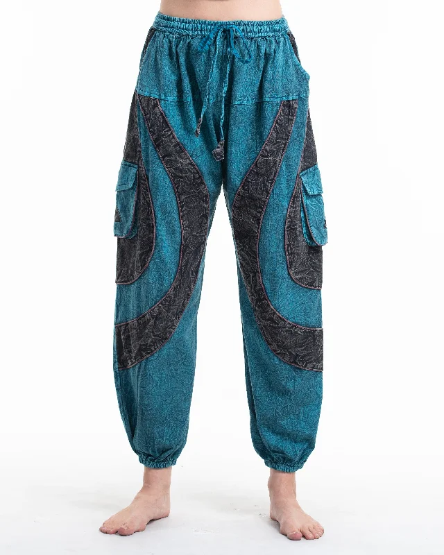 Unisex Patchwork Stone Washed Cargo Cotton Pants in Blue 04 Cozy Jogger Leggings