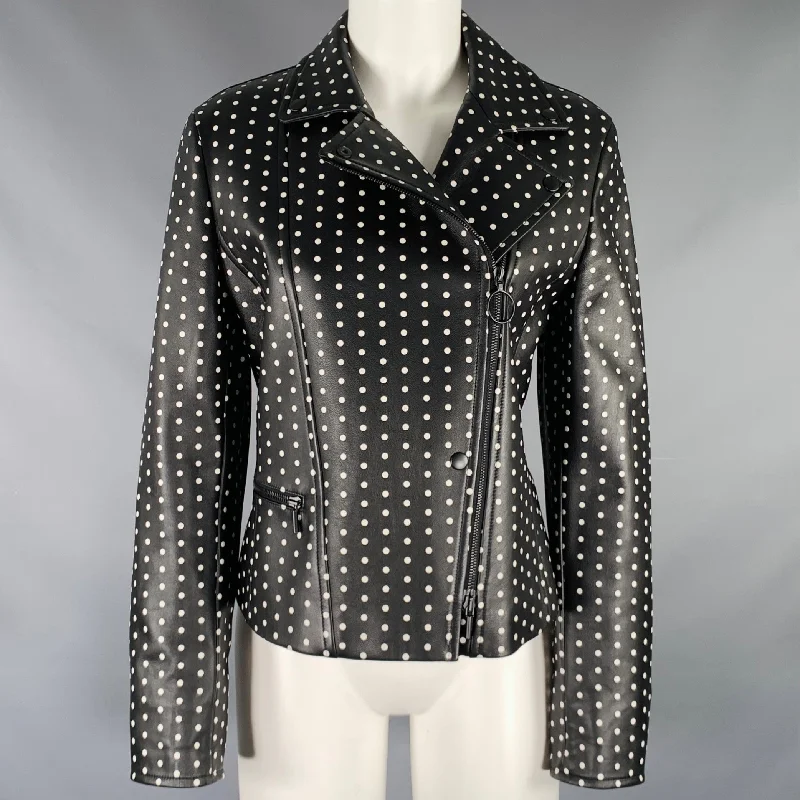 AKRIS Size 8 Black White Lambskin Leather Polka Dot Biker Jacket Herringbone Jacket Checkered Jacket Solid Jacket
