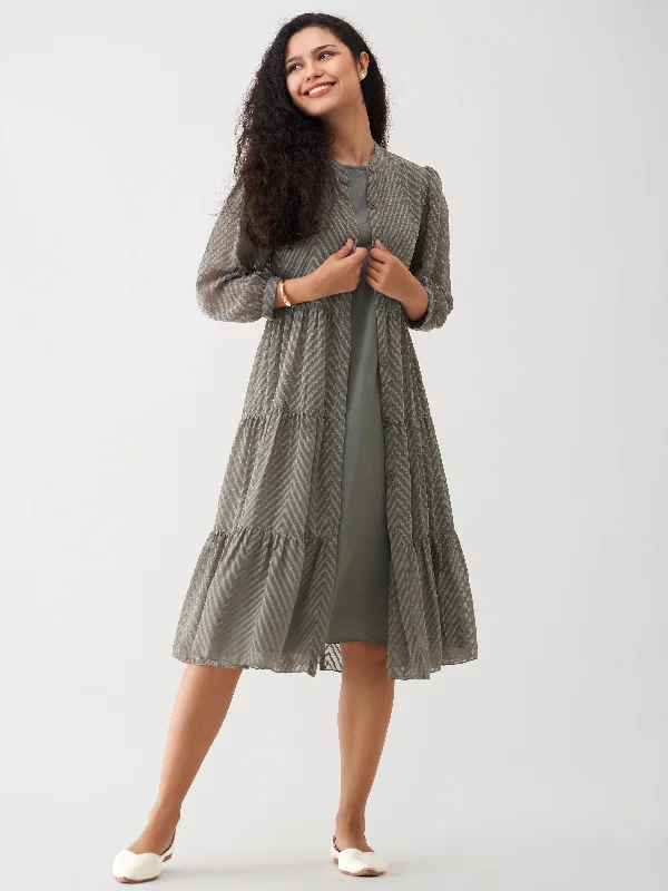 Davy Grey Crepe Chiffon Swiss Dot Boat Neck Tunic Top with Jacket Bomber Jacket Anorak Windbreaker